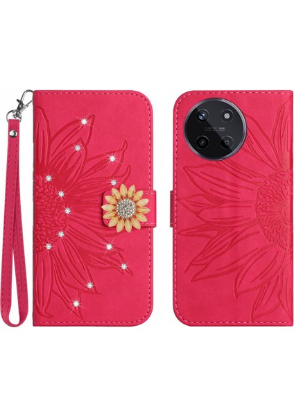 Realme 11 4g Pırlantalı Kabartmalı Ayçiçeği Kısa Askılı Manyetik Kartlıklı Cüzdan Telefon Kılıfı (Yurt Dışından)