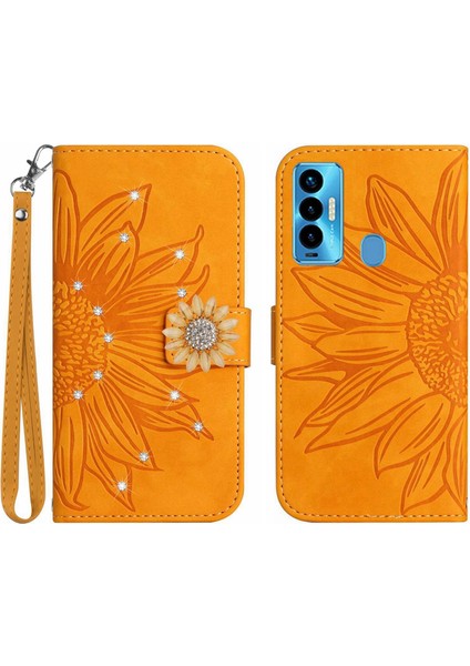 Tecno Camon 18I Pırlantalı Kabartmalı Ayçiçeği Kısa Askılı Manyetik Kartlıklı Cüzdan Telefon Kılıfı (Yurt Dışından)