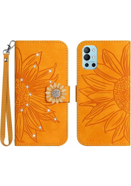 Oneplus 9r Pırlantalı Kabartmalı Ayçiçeği Kısa Askılı Manyetik Kartlıklı Cüzdan Telefon Kılıfı (Yurt Dışından)