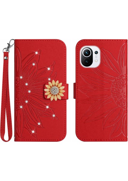 Xiaomi Mi 11 Lite Pırlantalı Kabartmalı Ayçiçeği Kısa Askılı Manyetik Kartlıklı Cüzdan Telefon Kılıfı (Yurt Dışından)