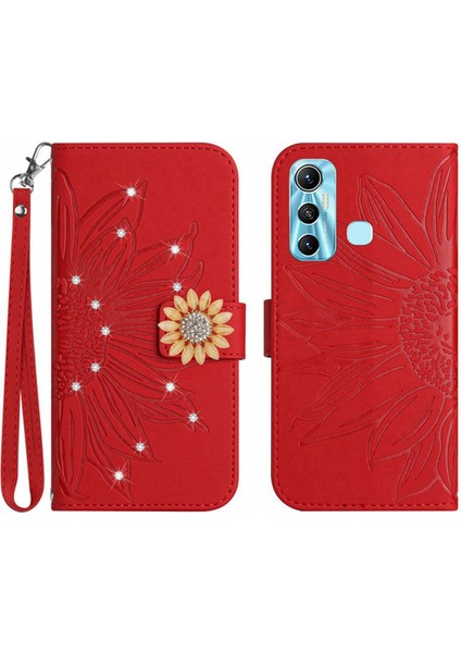 Infinix Hot 11 Pırlantalı Kabartmalı Ayçiçeği Kısa Askılı Manyetik Kartlıklı Cüzdan Telefon Kılıfı (Yurt Dışından)