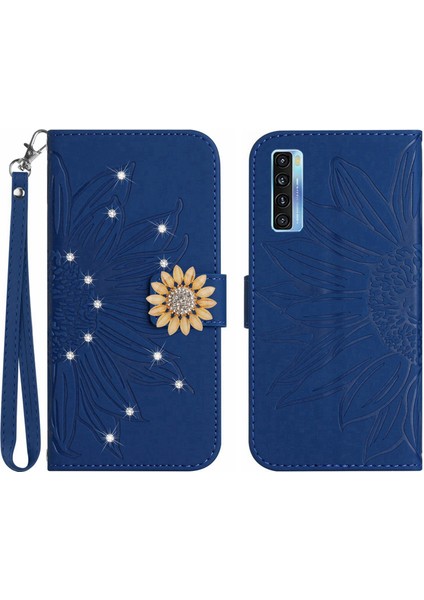 Tcl 20S/20 5G/20L Pırlantalı Kabartmalı Ayçiçeği Kısa Askılı Manyetik Kartlıklı Cüzdan Telefon Kılıfı (Yurt Dışından)