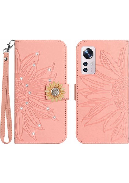 Xiaomi 12 Lite Pırlantalı Kabartmalı Ayçiçeği Kısa Askılı Manyetik Kartlıklı Cüzdan Telefon Kılıfı (Yurt Dışından)