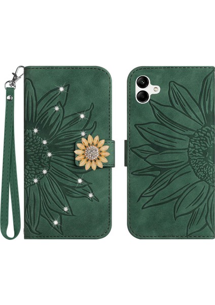 Samsung Galaxy F14 Pırlantalı Kabartmalı Ayçiçeği Kısa Askılı Manyetik Kartlıklı Cüzdan Telefon Kılıfı (Yurt Dışından)