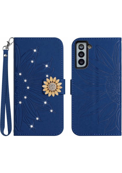 Samsung Galaxy S21 Plus Pırlantalı Kabartmalı Ayçiçeği Kısa Askılı Manyetik Kartlıklı Cüzdan Telefon Kılıfı (Yurt Dışından)