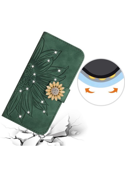 Oppo A17/A17K Pırlantalı Kabartmalı Ayçiçeği Kısa Askılı Manyetik Kartlıklı Cüzdan Telefon Kılıfı (Yurt Dışından)