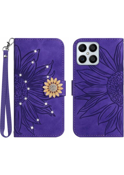 Honor X8 4g Pırlantalı Kabartmalı Ayçiçeği Kısa Askılı Manyetik Kartlıklı Cüzdan Telefon Kılıfı (Yurt Dışından)