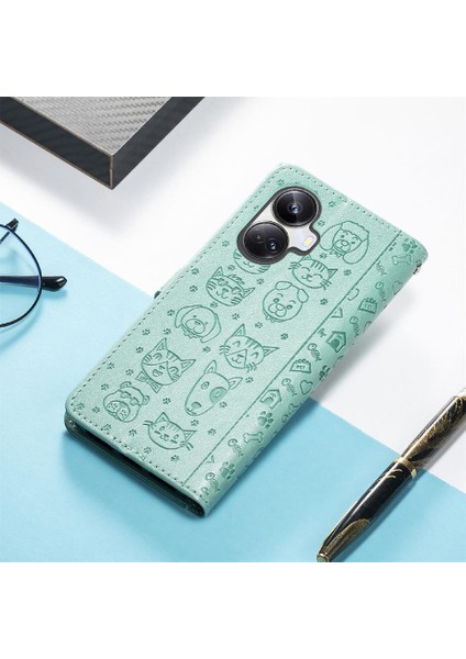 Realme 10 Proplus Karikatür Hayvanlar Için Kılıf Kısa Kayış Deri Kılıf Flip (Yurt Dışından)