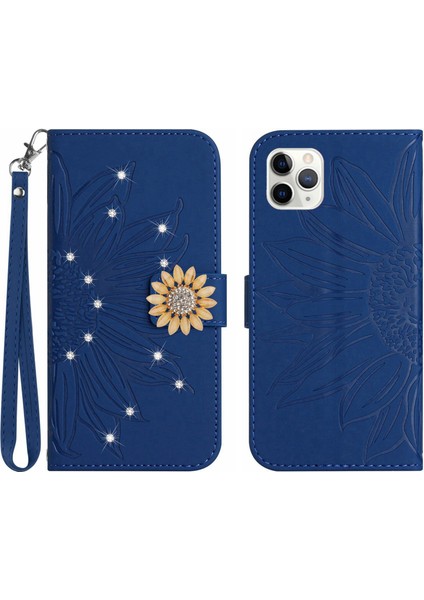 iPhone 11 Pro Max Pırlantalı Kabartmalı Ayçiçeği Kısa Askılı Manyetik Kartlıklı Cüzdan Telefon Kılıfı (Yurt Dışından)