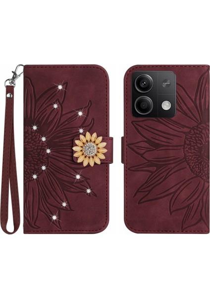Xiaomi Redmi Note 13 4g Pırlantalı Kabartmalı Ayçiçeği Kısa Askılı Manyetik Kartlıklı Cüzdan Telefon Kılıfı (Yurt Dışından)