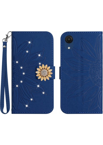 Samsung Galaxy A03 Core Pırlantalı Kabartmalı Ayçiçeği Kısa Askılı Manyetik Kartlıklı Cüzdan Telefon Kılıfı (Yurt Dışından)