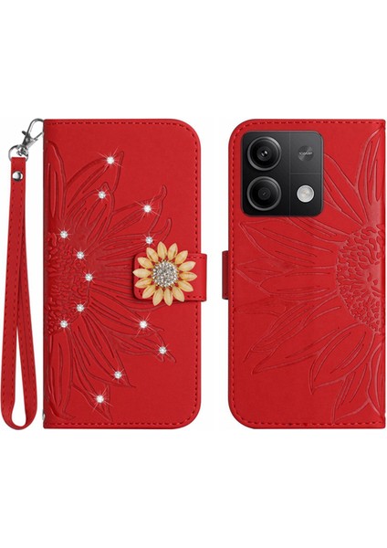 Xiaomi Redmi Note 13 4g Pırlantalı Kabartmalı Ayçiçeği Kısa Askılı Manyetik Kartlıklı Cüzdan Telefon Kılıfı (Yurt Dışından)