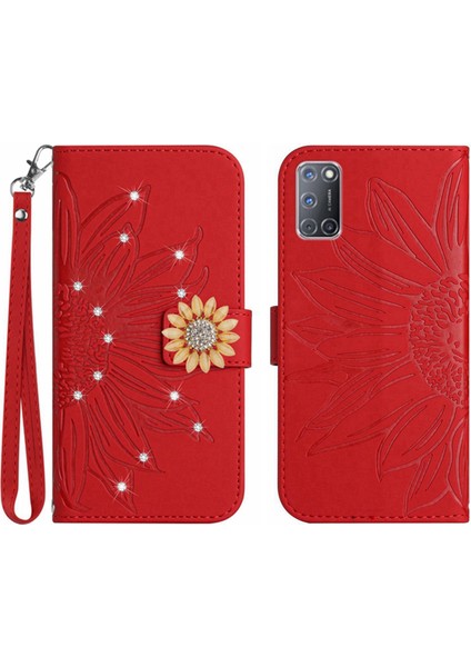 Oppo A92/A72/A52 Pırlantalı Kabartmalı Ayçiçeği Kısa Askılı Manyetik Kartlıklı Cüzdan Telefon Kılıfı (Yurt Dışından)