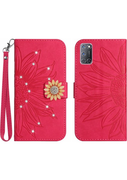 Oppo A92/A72/A52 Pırlantalı Kabartmalı Ayçiçeği Kısa Askılı Manyetik Kartlıklı Cüzdan Telefon Kılıfı (Yurt Dışından)