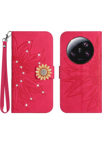 Xiaomi 13 Ultra Pırlantalı Kabartmalı Ayçiçeği Kısa Askılı Manyetik Kartlıklı Cüzdan Telefon Kılıfı (Yurt Dışından)