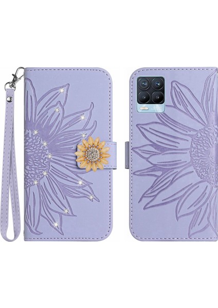 Realme 8 4g/8 Pro Pırlantalı Kabartmalı Ayçiçeği Kısa Askılı Manyetik Kartlıklı Cüzdan Telefon Kılıfı (Yurt Dışından)