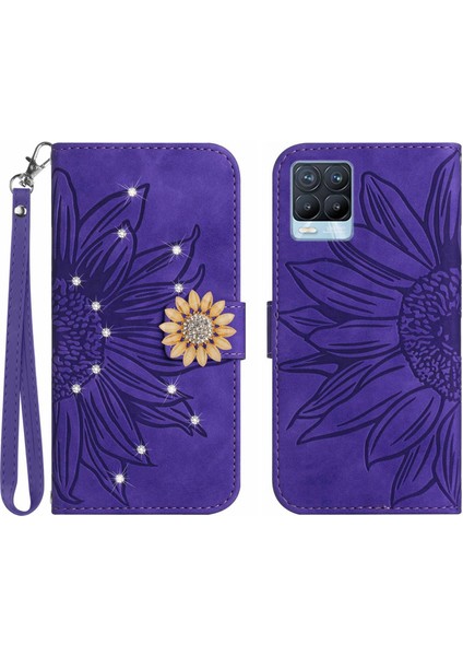 Realme 8 4g/8 Pro Pırlantalı Kabartmalı Ayçiçeği Kısa Askılı Manyetik Kartlıklı Cüzdan Telefon Kılıfı (Yurt Dışından)