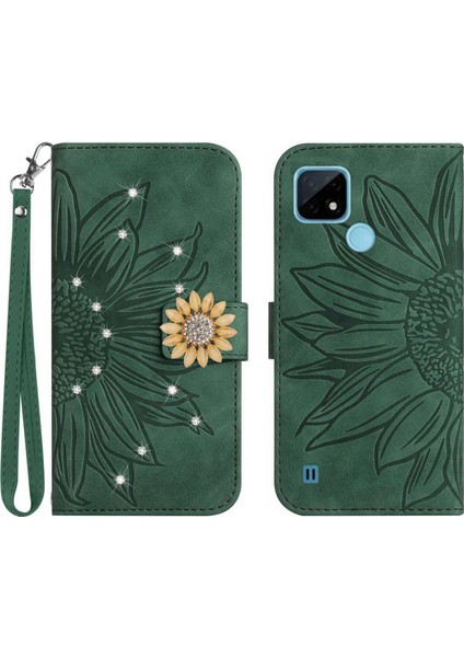Realme C20/C21 Pırlantalı Kabartmalı Ayçiçeği Kısa Askılı Manyetik Kartlıklı Cüzdan Telefon Kılıfı (Yurt Dışından)