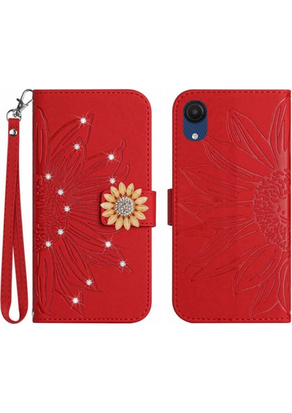 Samsung Galaxy A03 Core Pırlantalı Kabartmalı Ayçiçeği Kısa Askılı Manyetik Kartlıklı Cüzdan Telefon Kılıfı (Yurt Dışından)