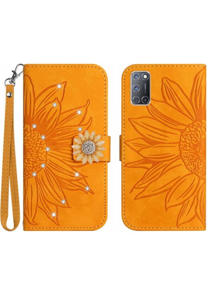 Oppo A92/A72/A52 Pırlantalı Kabartmalı Ayçiçeği Kısa Askılı Manyetik Kartlıklı Cüzdan Telefon Kılıfı (Yurt Dışından)