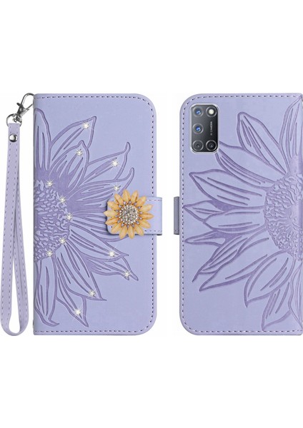 Oppo A92/A72/A52 Pırlantalı Kabartmalı Ayçiçeği Kısa Askılı Manyetik Kartlıklı Cüzdan Telefon Kılıfı (Yurt Dışından)