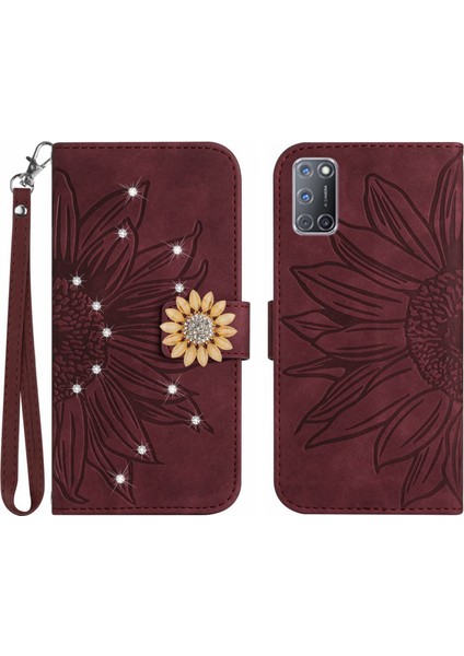 Oppo A92/A72/A52 Pırlantalı Kabartmalı Ayçiçeği Kısa Askılı Manyetik Kartlıklı Cüzdan Telefon Kılıfı (Yurt Dışından)