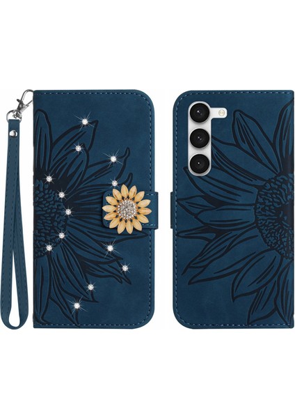 Samsung Galaxy S23 Plus Pırlantalı Kabartmalı Ayçiçeği Kısa Askılı Manyetik Kartlıklı Cüzdan Telefon Kılıfı (Yurt Dışından)