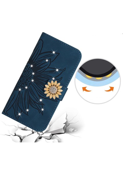 Samsung Galaxy S23 Plus Pırlantalı Kabartmalı Ayçiçeği Kısa Askılı Manyetik Kartlıklı Cüzdan Telefon Kılıfı (Yurt Dışından)