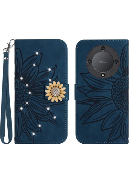 Honor X9B Pırlantalı Kabartmalı Ayçiçeği Kısa Askılı Manyetik Kartlıklı Cüzdan Telefon Kılıfı (Yurt Dışından)