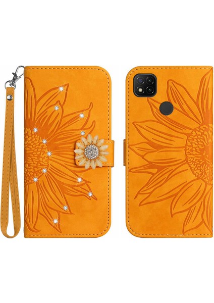 Xiaomi Redmi 9c Pırlantalı Kabartmalı Ayçiçeği Kısa Askılı Manyetik Kartlıklı Cüzdan Telefon Kılıfı (Yurt Dışından)