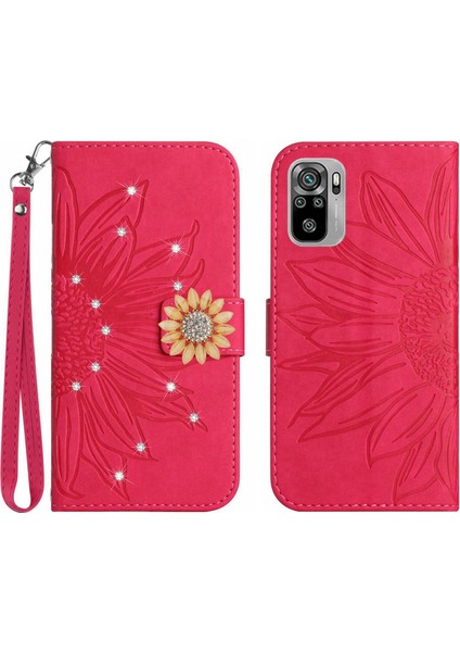 Xiaomi Poco M5S Pırlantalı Kabartmalı Ayçiçeği Kısa Askılı Manyetik Kartlıklı Cüzdan Telefon Kılıfı (Yurt Dışından)