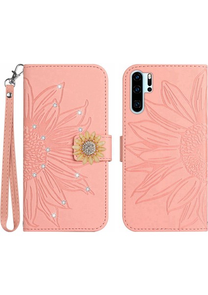 Huawei P30 Pro Pırlantalı Kabartmalı Ayçiçeği Kısa Askılı Manyetik Kartlıklı Cüzdan Telefon Kılıfı (Yurt Dışından)