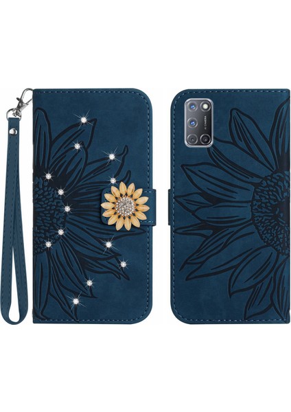Oppo A92/A72/A52 Pırlantalı Kabartmalı Ayçiçeği Kısa Askılı Manyetik Kartlıklı Cüzdan Telefon Kılıfı (Yurt Dışından)