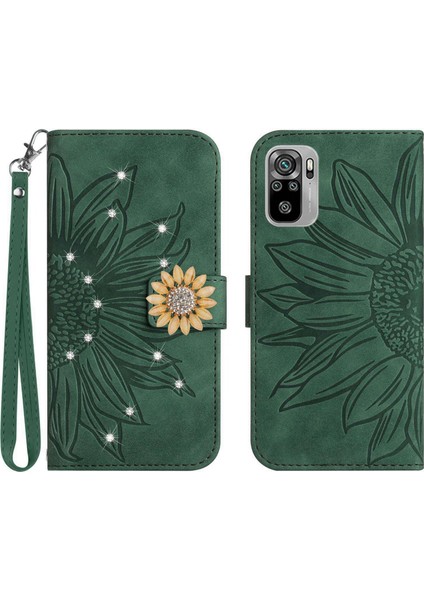 Xiaomi Poco M5S Pırlantalı Kabartmalı Ayçiçeği Kısa Askılı Manyetik Kartlıklı Cüzdan Telefon Kılıfı (Yurt Dışından)