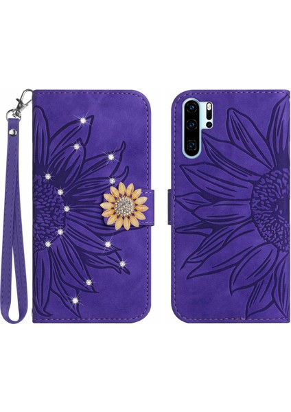 Huawei P30 Pro Pırlantalı Kabartmalı Ayçiçeği Kısa Askılı Manyetik Kartlıklı Cüzdan Telefon Kılıfı (Yurt Dışından)