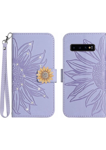 Samsung Galaxy S10 Plus Pırlantalı Kabartmalı Ayçiçeği Kısa Askılı Manyetik Kartlıklı Cüzdan Telefon Kılıfı (Yurt Dışından)
