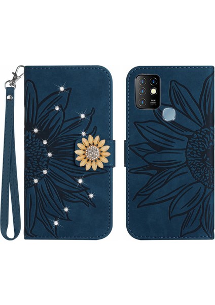Infinix Hot 10 Pırlantalı Kabartmalı Ayçiçeği Kısa Askılı Manyetik Kartlıklı Cüzdan Telefon Kılıfı (Yurt Dışından)