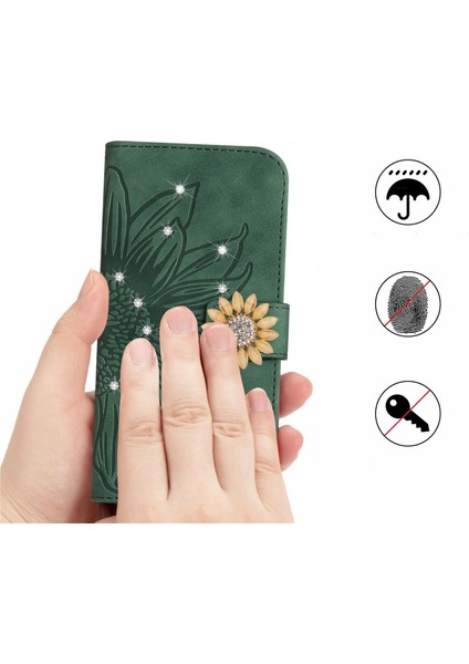 Infinix Hot 10 Pırlantalı Kabartmalı Ayçiçeği Kısa Askılı Manyetik Kartlıklı Cüzdan Telefon Kılıfı (Yurt Dışından)