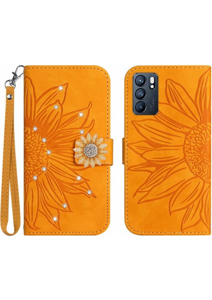 Oppo Reno 6 5g Pırlantalı Kabartmalı Ayçiçeği Kısa Askılı Manyetik Kartlıklı Cüzdan Telefon Kılıfı (Yurt Dışından)