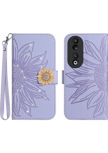 Honor 90 Pırlantalı Kabartmalı Ayçiçeği Kısa Askılı Manyetik Kartlıklı Cüzdan Telefon Kılıfı (Yurt Dışından)