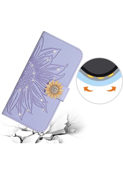 Huawei P30 Lite Pırlantalı Kabartmalı Ayçiçeği Kısa Askılı Manyetik Kartlıklı Cüzdan Telefon Kılıfı (Yurt Dışından)