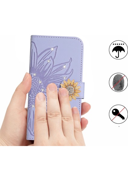 Huawei P30 Lite Pırlantalı Kabartmalı Ayçiçeği Kısa Askılı Manyetik Kartlıklı Cüzdan Telefon Kılıfı (Yurt Dışından)