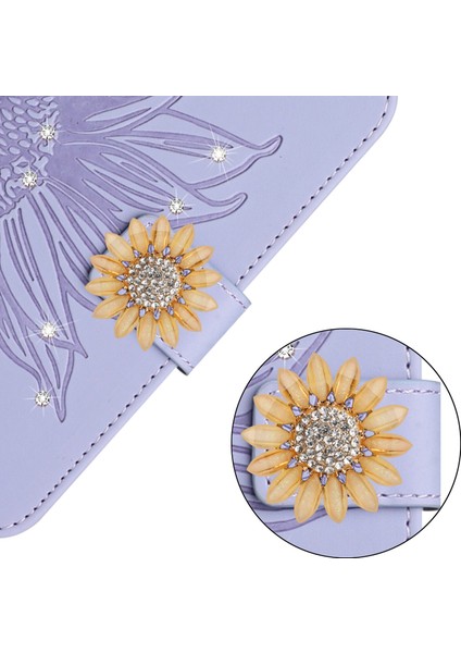 Huawei P30 Lite Pırlantalı Kabartmalı Ayçiçeği Kısa Askılı Manyetik Kartlıklı Cüzdan Telefon Kılıfı (Yurt Dışından)