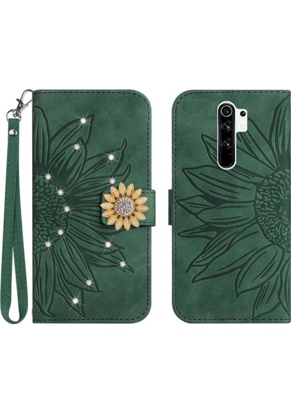 Xiaomi Redmi Note 8 Pro Pırlantalı Kabartmalı Ayçiçeği Kısa Askılı Manyetik Kartlıklı Cüzdan Telefon Kılıfı (Yurt Dışından)