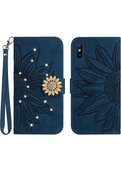 Xiaomi Redmi 9A Pırlantalı Kabartmalı Ayçiçeği Kısa Askılı Manyetik Kartlıklı Cüzdan Telefon Kılıfı (Yurt Dışından)