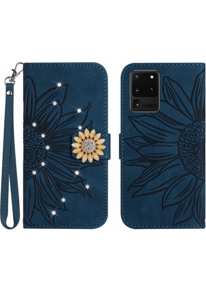 Samsung Galaxy S20 Ultra Pırlantalı Kabartmalı Ayçiçeği Kısa Askılı Manyetik Kartlıklı Cüzdan Telefon Kılıfı (Yurt Dışından)