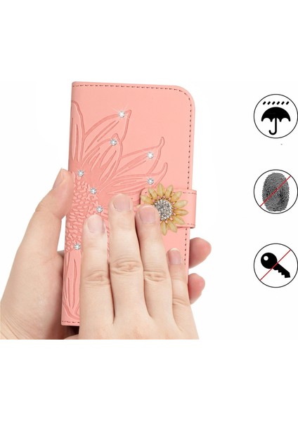 Samsung Galaxy S23 Plus Pırlantalı Kabartmalı Ayçiçeği Kısa Askılı Manyetik Kartlıklı Cüzdan Telefon Kılıfı (Yurt Dışından)