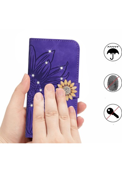 Samsung Galaxy S23 Plus Pırlantalı Kabartmalı Ayçiçeği Kısa Askılı Manyetik Kartlıklı Cüzdan Telefon Kılıfı (Yurt Dışından)