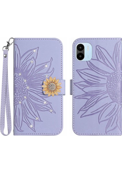 Xiaomi Redmi A1 Pırlantalı Kabartmalı Ayçiçeği Kısa Askılı Manyetik Kartlıklı Cüzdan Telefon Kılıfı (Yurt Dışından)