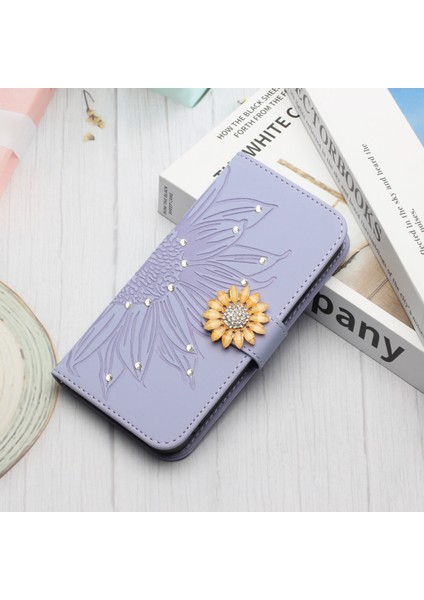 Tecno Camon 17P Pırlantalı Kabartmalı Ayçiçeği Kısa Askılı Manyetik Kartlıklı Cüzdan Telefon Kılıfı (Yurt Dışından)